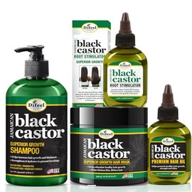 Difeel Jamaican Black Castor Superior Growth Juego de tratamiento para el cabello de 4 piezas - Incluye champú de 12 oz, mascarilla para el cabello de 12 oz, 2.5 oz. Estimulador de raíces y 2.5 oz. Aceite para cabello