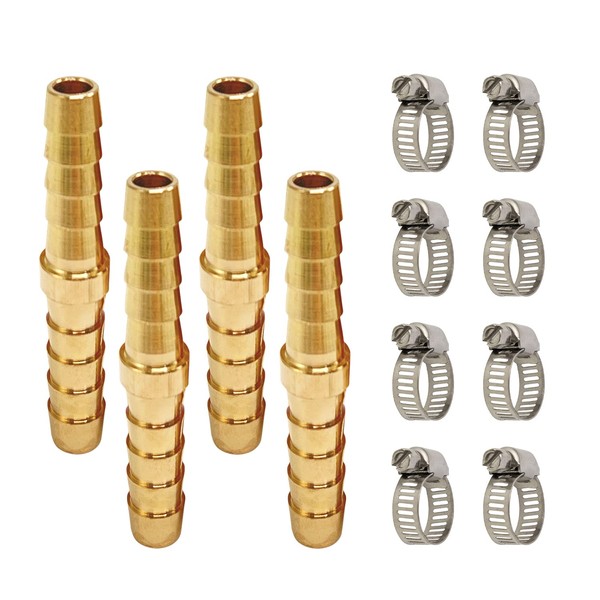 Brass Barb Union Fittings, LIONMAX Barb Splicer Mender Hose Fittings 4 PCS, 1/4 Inch to 1/4 Inch Barb Hose ID, with 8 Hose Clamps, for Air/Water/Fuel/Oil
