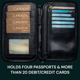 Premium Leather Travel Passport Wallet, Multi-Card Document Organizer with Canadian Maple Leaf Design, Black