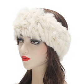 ZLYC Women Rabbit Fur Headband Cold Weather Hair Band Stretchy Winter Earwarmer Earmuffs (Solid Beige)