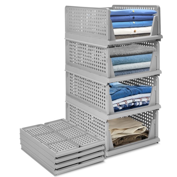 4-Pack Folding Wardrobe Storage Box Plastic Drawer Organizer Stackable Shelf Baskets Cloth Closet Container Bin Cube Home Office Bedroom Laundry Pull Out Drawer Dividers for Clothes,Toys Organization