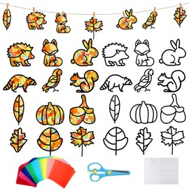 LYNBLY Pack of 12 Autumn Craft Set Children, Maple Leaf Craft Set, Autumn, Window Pictures, Autumn Crafts, DIY Craft Set, Leaves Decoration, Autumn Crafts Children for Girls Boys Autumn Party Gift