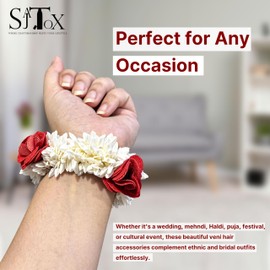 Mogra Gajra Scented 6pcs Artificial Flower Hair Accessories Scrunchies with Red Petals Bracelet Bun Juda & Ponytail Wedding Jewellery Reusable Gajras Gift for Women (White,Red)