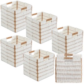 Ornavo Home Wicker Storage Cubes Bin, 9 Inch Storage Shelf Basket Collapsible Natural Hand Woven Paper Storage Cube Bin with Handles - Set of 6, White/Brown