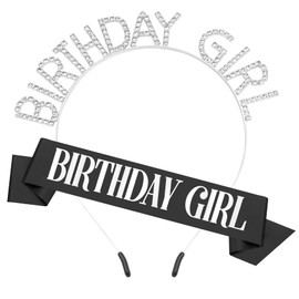 PQRUU Birthday Sash for Women Black and White Birthday Girl Sash Birthday Sash and Tiara for Women Birthday Crowns for Women Happy Birthday Decorations Accessories Rhinestone Birthday Girl Headband