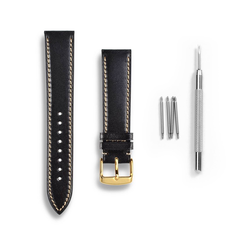 WOCCI 22mm Luxury Leather Watch Strap with Golden Buckle (Black)