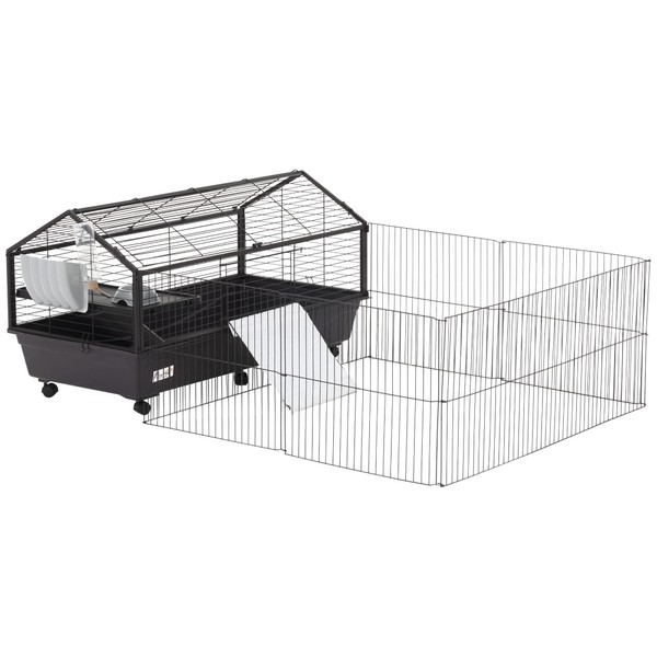 PawHut Small Animal Cage with Foldable Run Area, Rolling Bunny Cage, Guinea Pig Cage, Hedgehog Cage with Water Bottle, Water Bowl, and Ramps, 46.5" L