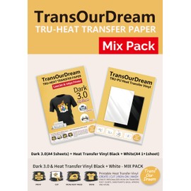 TransOurDream Tru-Tshirt Transfer Paper Inkjet & Laser Printer Dark 3.0 A4 5 Sheets and Black & White 2 Sheets A4 Heat Transfer Vinyl, Easy to Cut, Widely Applicable(5+2)