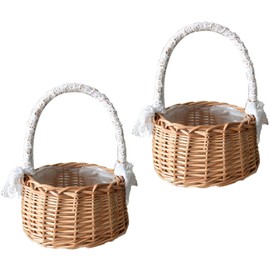 Pack of 2 Small Wicker Baskets with Handle, Rattan Basket, Scatter Basket, Wedding Basket, Braided Flower Basket, Wedding Scatter Basket for Party, Festival, Wedding, Photography Props (Medium)