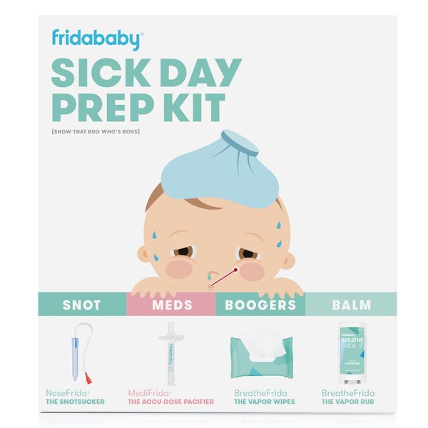 Frida Baby Sick Day Prep Kit - Includes NoseFrida Nasal Aspirator, MediFrida Pacifier Medicine Dispenser, Breathefrida Vapor Chest Rub + Snot Wipes. Soothe Stuffy Noses for Babies with A Cold