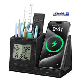 Pen Holder with Desk Organizer, Pencil Holder for Desk, Built in Digital Indoor Thermometer and Humidity Monitor, Multi-Functional Pencil Organizer for Home Office Supplies, Vegan Leather, Black