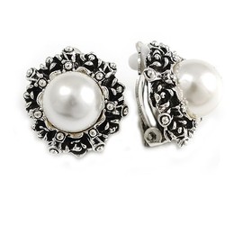 Vintage Inspired Dome Shape Faux Pearl Clip On Earrings in Aged Silver Tone - 20mm D