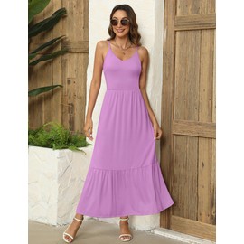 Kranda Summer Dresses for Women 2024 Spring V Neck Sleeveless Smocked Back Cutout Tiered Maxi Dress Casual Long Beach Dress Spaghetti Strap Flowy A Line Light Purple Sundress with Pockets S