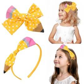 QKEPCY Pack of 2 Hair Clips Back to School for Girls Yellow Pencil Grosgrain Ribbon Bows Hair Clips for Styling Decorations for Girls Back to School Hair Accessories
