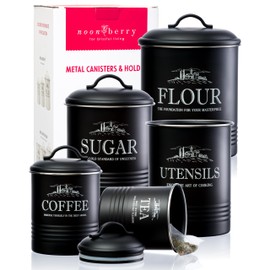 noonberry Canisters for Kitchen Counter, Set of 5 Black Containers, Airtight Coffee Tea Flour Sugar Canisters Sets for the Kitchen Countertop & Kitchen Utensil Holder