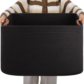 OIAHOMY XXLarge Rectangle Blanket Basket-96L, Cotton Woven Basket for Storage, Dirty Clothes Baskets for Living Room, Nursery, Bedroom, Toy Organizing with Handle, 24" x 16" x 15", Charcoal Black