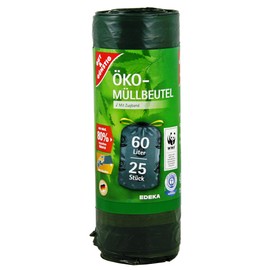 Eco Bin Liners with Drawstring, 60 Litres, Particularly Tear-Resistant and Liquid-Proof, "Blue Angel" Certificate (Pack of 1)
