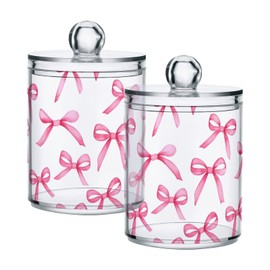 ALAZA 2 Pack Qtip Holder Pink Bows, Cotton Swab Dispenser with Lid Bathroom Containers Canister Organizer Storage Jar