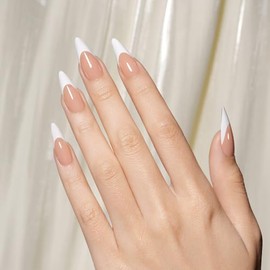 AILLSA Uñas Postizas Francesas de Gel, 180 Unidades, Largas, Almendradas, Color Marrón, con Base Y Capa Base Preaplicadas, No Necesitan Lima, Ideales 