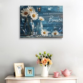 Framed Motivational Floral Print Butterfly Daisy Flower Picture Wall Decor Gift Blue Rustic Painting Country Farmhouse Inspirational Canvas Wall Art for Living Room Bathroom (12"x16")