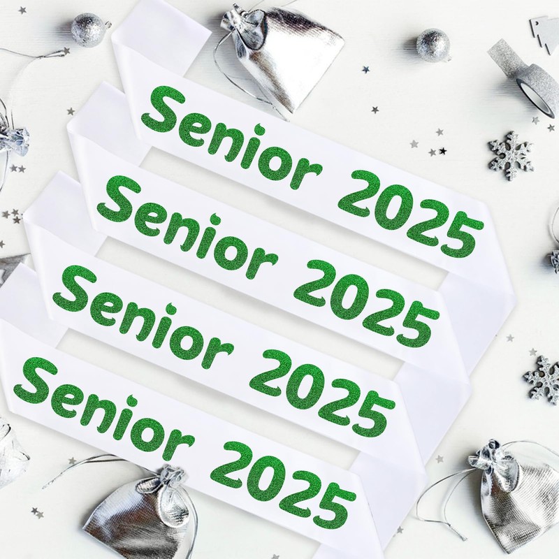 4Pcs White Senior 2025 Sash with Green Printing Letters, 2025