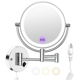 Wall Mounted Makeup Mirror with Lights, 30X/1X Double-Sided Magnifying, Plug-in Lighted Vanity Mirror with 3 Color Modes, Dimmable Brightness, 360° Swivel Extendable Arm for Bathroom & Grooming
