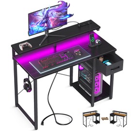 AODK Gaming Desk with LED Lights & Power Outlet, 40 Inch Computer Desk with Drawer, Reversible Small Desk with Monitor Stand & Headphone Hook for Home Office, Black