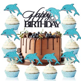 Leetaivie - Decoración para tartas de delfines de feliz cumpleaños, decoración de fiesta de cumpleaños con delfines de purpurina y azul negro, decoración para tartas con temática marina, decoración de tartas de cumpleaños para niños y niñas