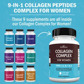 BioSchwartz Hydrolyzed Collagen Peptide Capsules - Multi Collagen Supplements for Women Types I, II, III, V, X with Vitamin C, Biotin, Keratin and Hyaluronic Acid for Skin, Hair & Nails - 135ct