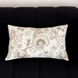 RinRinfam Embroidered Floral Lumbar Throw Pillow Cover 12x 20, Chinoiserie Flower Sequin Farmhouse Neutral Linen Pillow Cushion Cases, Decorative Pillows for Bed, Outdoor Couch Bedroom Car White