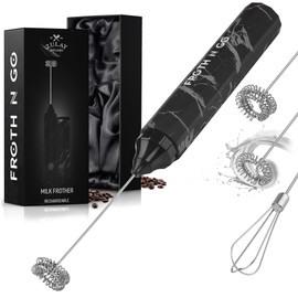 Zulay Kitchen Rechargeable Milk Frother Froth N Go Frother Wand With Case & USB-C Charger - Comes With 3 Whisk Attachments for Latte, Cappuccino, Matcha, Protein Shakes - Black Marble