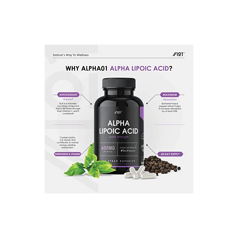 Alpha Lipoic Acid (ALA) 600mg - Made with Biotin &