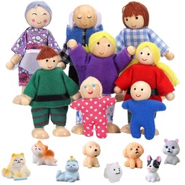 BIZOI Happy Family Dolls Playset, Wooden Figures Set of 8 People, Wooden Dollhouse People Family Set with Cat and Dog Doll for Dollhouse Accessories, Kids, Children, Girls, Birthdays