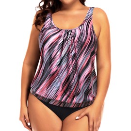 Yonique Traje de baño de dos piezas para mujer, talla grande, tankini con control de abdomen, Rosa Stripe 02, 18 Plus