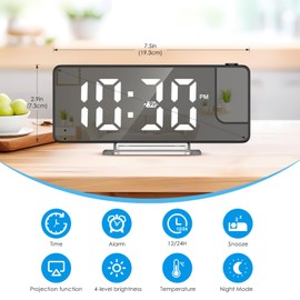 AMIR Projection Alarm Clock for Bedroom, 7.9 in Display LED Alarm Clock with 180° Rotatable Projector, Digital Clock with Brightness,Large Screen,Temperature for Heavy Sleepers, Snooze