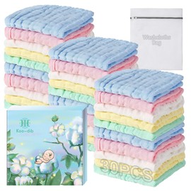 Baby Washcloths Muslin Cloths, Muslin Squares Washcloths, Muslin Cloths for Baby, Soft Burp Cloths Cotton Baby Wash Cloths, Baby Towels for Newborn Boys Girls , 25x25cm 30 Pack + Free Wash Mesh Bag