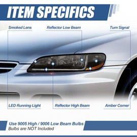 Auto Dynasty LED DRL Headlights Assembly Compatible with Honda Accord 6th Gen 1998 1999 2000 2001 2002, Driver and Passenger Side, Smoked Lens Amber Reflector