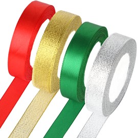 Christmas Ribbon for Gift Wrapping, Christmas Satin Ribbon Roll for Crafts, Xmas Ribbon Gift Ribbon for DIY Crafts Xmas Tree Present Decoration (W2cm Gold+Red+Silver+Green)