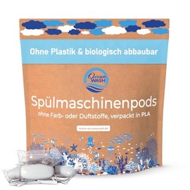 Dishwasher pods without plastic, colours and fragrances, biodegradable dish washing tabs without perfume, vegan tabs for dishwashers, packed in PLA