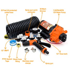 80PSI 7.5 GPM Washdown Pump Kit - 12V Marine Self-Priming Water Pump with Pressure Switch, High-Performance RV Fresh Water Pump for Boats, Campers, Travel Trailers, Sprayers, and Yachts