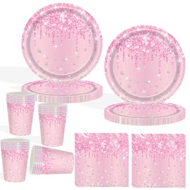 COLANANA Party Supplies,60PCS Pink Birthday Decorations Party Tableware Set Contain Plates Cups Napkin for Baby Shower Birthday Wedding Partys Anniversary(20 Guests)