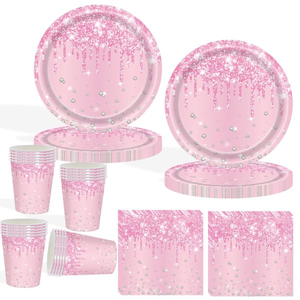 COLANANA Party Supplies,60PCS Pink Birthday Decorations Party Tableware Set Contain