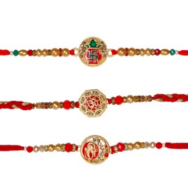 Raksha Bandhan Set of 3 Rakhi for Brother with Raksha Bandhan Greeting Card & Roli Chawal Tika | Kalash Om Rakhi for Brother | Ganesh Rakhi for Small Brother Bhaiya | Kalash Rakhi Thread MHNJ004