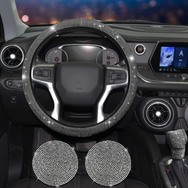 JINGSEN 11 Pcs Car Decoration Set,Bling Car Decoration Set for Women,Universal Fit 15 Inch,Rhinestone Center ConsoleCover(White)