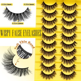 Tavvke 10 Pairs C-Curl False Eyelashes, Wispy 3D Cat Eye Lashes, Natural Look Black Mink Lashes, Lightweight & Comfortable Fake Eyelashes Pack