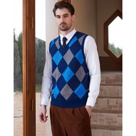Kallspin Men's Argyle Sleeveless Jumpers Wool Blend Knitted Gilets V Neck Sweater Pullover Vest(Navy Blue,2X-Large)