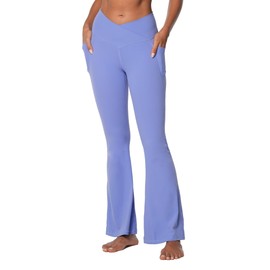 Sunzel Flare Leggings for Women with Pockets, Crossover Yoga Pants with Tummy Control, High Waisted and Wide Leg Side Pockets 30" Periwinkle Large