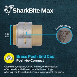 SharkBite Max 1 Inch Push Cap, Push to Connect Brass Plumbing Fitting, PEX Pipe, Copper, CPVC, PE-RT, HDPE, UR520A