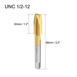uxcell Spiral Point Plug Threading Tap UNC 1/2-12 Thread, Ground Threads H2 3 Flutes, High Speed Steel HSS 6542, Titanium Coated, Round Shank with Square End