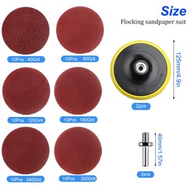 60 Sheets Sandpaper 125 mm Velcro, Pack of 2 Velcro Support Plates, Sandpaper 40/80/120/180/240/320 Grit, M14 Sanding Discs Velcro for Angle Grinder Drill Grinder